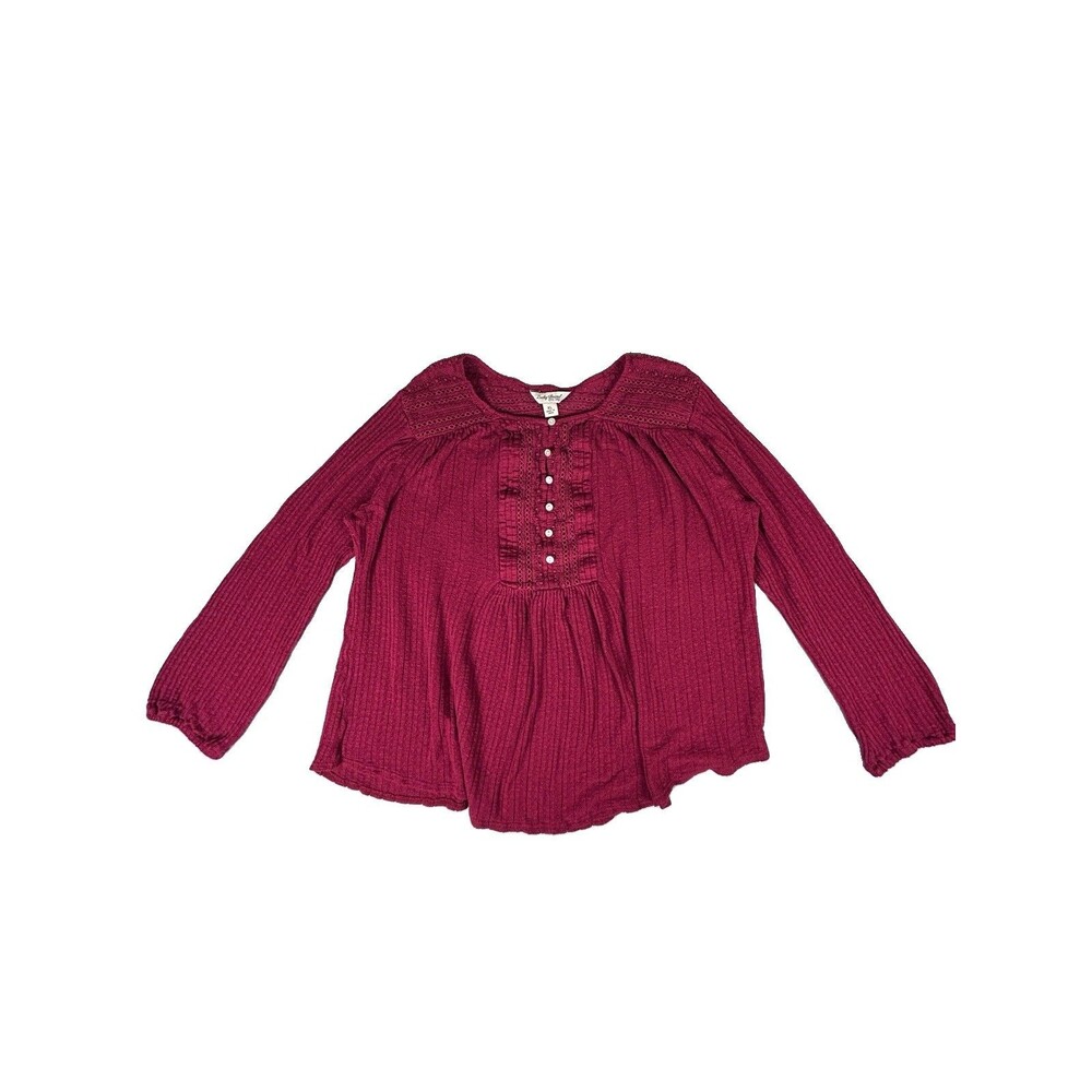 LUCKY BRAND Maroon Ribbed Knit Boho Peasant 1/4 Button Pullover Top Lacy Sz XL
